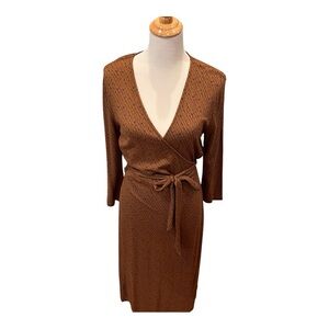 Ann Taylor long sleeve brown and black knee length wrap around dress size 8